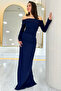 Women's Madonna Collar Beaded Embroidered Long Sleeve Fish Evening Dress Red, Black, Navy Blue, White - 5