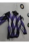 Baklava Patterned Thick Slit Fleece Oversized Crew Neck Striped Sweater - 5