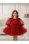 Girl's Balloon Sleeve Red Skirt Tulle Dress, Girl's Evening Dress, Girl's Party Dress - 2