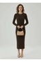Women's Camisole Shirred Stretch Fabric Crew Neck Long Sleeve Slit Midi Dress - 4