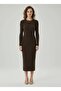 Women's Camisole Shirred Stretch Fabric Crew Neck Long Sleeve Slit Midi Dress - 2