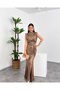 High Collar Sequin Detailed Belted Maxi Women's Dress