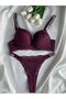 Women's Purple Lace and Stone Underwire Supported Padded Push up Bra Set Lingerie Set - 4