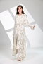 Leaf Patterned Maternity and Postpartum Set - Beige Nursing Nightgown and Long Robe Set with Belt