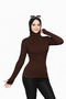Women's Brown Turtleneck Finger-Looped Long Sleeve Ribbed Stretchy Knitwear Body Sweater - 4