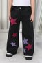 Girl's Black Star Embroidered Wide Leg Jeans with Elastic Waist