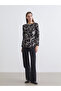 Black Boat Neck Patterned Women's T-Shirt (S6) - 2