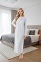 Women's Blue Buttoned Floral Detailed Long Sleeve Plus Size (Oversized) Design Comfortable Cut Nightgown - 4
