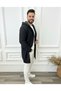 Men's Black Smoked Hooded Knitwear Cardigan - Smoked Long Cardigan with Honeycomb Knit Detail - 2