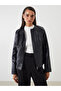 Black Crew Neck Women's Leather Look Jacket - 2