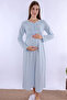Cotton Comfortable Cut Maternity Nightgown with Breastfeeding Feature - Blue - 6