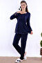 Breastfeeding-Friendly Cotton Maternity Pajama Set – Elastic Waist Effortt - Navy Blue - 3