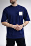 Men's Chest Printed Navy Blue T-Shirt with Black Square and Orange Line Detail - 3