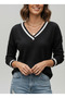 Women's Black V-Neck Stripe Detailed Waffle Knitted Blouse - 5