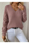 Aemido Women's Long Sleeve V-Neck Sweater with Diamond Pattern Detail and Sleeve Holes - 4