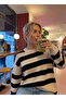 Women's Oversize Knitwear Sweater Stone White Striped, Comfortable and Soft Textured 3989 - 2
