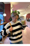 Women's Oversize Knitwear Sweater Stone White Striped, Comfortable and Soft Textured 3989 - 3