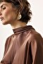 Women's Satin Blouse with Back Tie and Feather Detail, Brown - 6