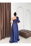 Navy Blue One Shoulder Floral Detailed Long Satin Evening Dress - 5