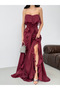 Burgundy Strapless Ruffled Slit Chiffon Evening Dress - 5