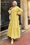 Front Half Button Detailed Muslin Fabric Hijab Dress Yellow - 3