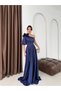 Navy Blue One Shoulder Floral Detailed Long Satin Evening Dress - 2