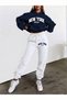 Women's Hooded New York Tracksuit Set - White Bottom, Navy Blue Printed Top, Wide Fit