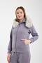 Women's Gray Hooded Sweatshirt with Fur (Removable) and Zipper, Sweatshirt and Sweatpants Set