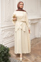 Beige Satin Front Detailed Blouse and Skirt Set