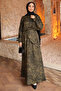 Khaki Patterned Front-Tie Satin Blouse and Skirt Set