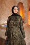 Khaki Patterned Front-Tie Satin Blouse and Skirt Set - 3
