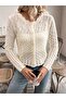 Openwork Long Sleeve Collar Detailed Buttoned Basket Pattern 100% Cotton Women's Knitwear Cardigan - 6