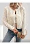 Openwork Long Sleeve Collar Detailed Buttoned Basket Pattern 100% Cotton Women's Knitwear Cardigan - 4
