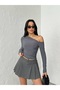 Women's Gray One-Shoulder Open Long Sleeve Sandy Fabric Knitted Blouse - 8