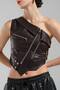 Women's Leather One-Shoulder Zipper Detailed Design Crop Blouse - 7