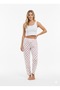 Women's White Heart Patterned Ribbon Pajama Bottoms Cotton Soft Textured