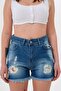 Women's Mini Denim Shorts with Ripped Details in Blue Color - 3