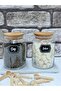 2 Pieces of Marble Stand Vacuum Lid Glass Spice Jar Set (890Cc) - with Bamboo Spoon - 6