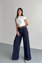 Women's Seasonal Wide-Legged Palazzo Trousers with Pockets and Belt in Navy Blue - 8