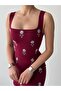 Square Collar Stone-Embellished Dress Burgundy - 3