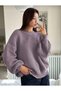 Women's Lilac Crew Neck Long Sleeve Off Shoulder Oversize Thessaloniki Knitwear Sweater - 2