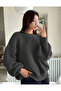 Women's Anthracite Crew Neck Long Sleeve Off-Shoulder Oversize Thessaloniki Knit Sweater - 2