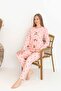 Women's Pink Cherry Pattern Bow Detailed Mother Daughter Long Sleeve Crinkle Fabric Knitted Pajama Set - 5