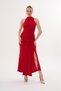 Women's Red Halter Neck Sleeveless Draped Waist Detailed Deep Slit Long Dress - 3