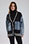 Women's Thick Knitwear Denim Garnished Design Jacket Cardigan