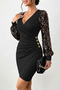 Women's sequined, long-sleeve double-breasted collar crepe dress - side-buttoned chic evening dress - 5