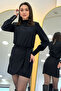 Women's Padded Long Sleeve Belted Mini Dress Black, Brown