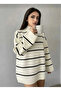 Women's Ecru Black Striped Half Turtleneck Oversize Long Knitwear Sweater Tunic - 2