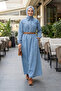 Women's Belted Buttoned Light Blue Denim Hijab Dress - 4