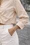 Women's Beige Front Draped Wide Cuff Crop Shirt - 3